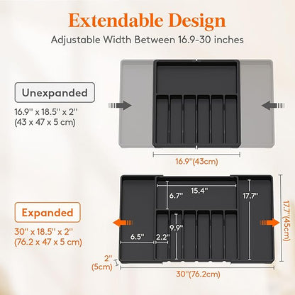 Lifewit Silverware Drawer Organizer, Expandable Utensil Tray for Kitchen, BPA Free Flatware and Cutlery Holder, Adjustable Plastic Storage for Spoons Forks Knives, 17- 30 x 18.5", Black