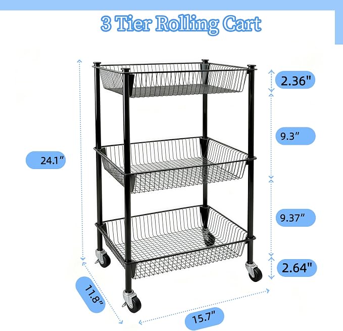 Pantry Organizer and Storage Shelves Kitchen Cart for Fruit Vegetables, 3 Tier Utility Cart with Wheels, Onion Potato Storage Basket Thicken Metal Trolley for Laundry Bathroom, Black