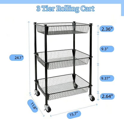 Pantry Organizer and Storage Shelves Kitchen Cart for Fruit Vegetables, 3 Tier Utility Cart with Wheels, Onion Potato Storage Basket Thicken Metal Trolley for Laundry Bathroom, Black