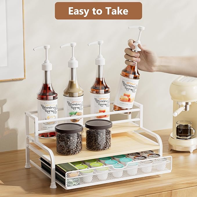 Coffee Syrup Rack Organizer, 3-Tier 8 Bottles Syrup Rack with 35 K Cup Storage Basket for Coffee Bar, Countertop Bottle Holder Stand for Wine, Dressing for Kitchen Cafe Station- White