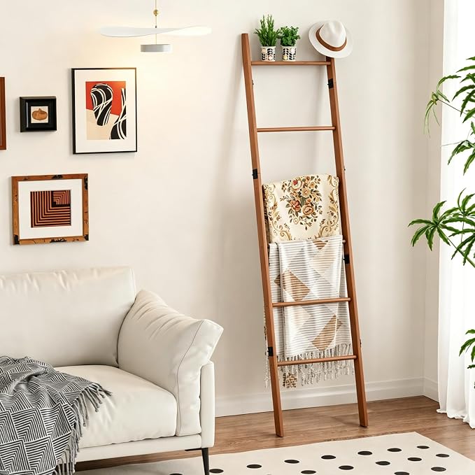 BAMBANG 6-Tier Blanket Ladder for Living Room, Blanket Quilt Ladder Rack Rustic Decorative Towel Holder, Wall Leaning Blanket Ladder Shelf Storage Farmhouse Decor for Bedroom Bathroom, Tea Brown