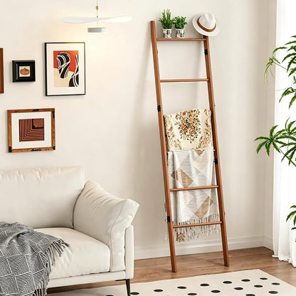 BAMBANG 6-Tier Blanket Ladder for Living Room, Blanket Quilt Ladder Rack Rustic Decorative Towel Holder, Wall Leaning Blanket Ladder Shelf Storage Farmhouse Decor for Bedroom Bathroom, Tea Brown