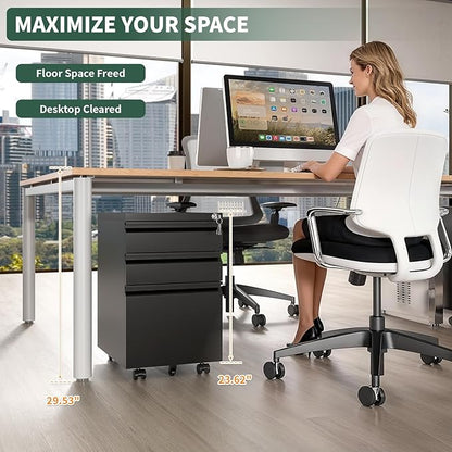 3 Drawer File Cabinet with Lock,Under Desk Rolling Small Filing Cabinet for Home Office Storage,Mobile Steel Cabinets with Wheels,Fully Assembled,Black