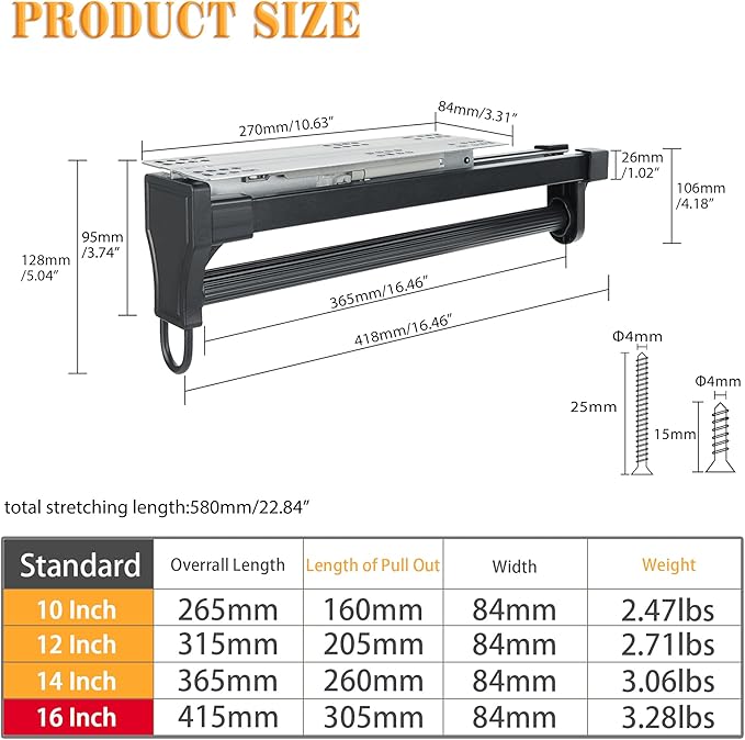 Alise Pull Out Clothes Hanger Rack for Closet,Heavy Duty Closet Rod with Automatic Soft-Close Mechanism for Closets,16 inch Closet Pull Out Metal Rod Organizer Hangers for Coats Pants Hangers,Black