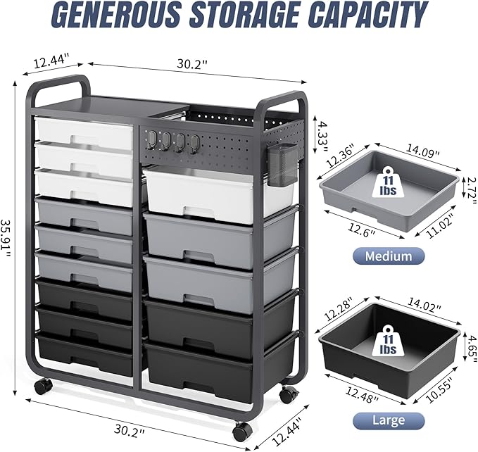 Rolling Storage Cart with Drawers, Storage Organizer Cart with Wheels and Wooden Tabletop,Utility Cart for Living Room, Classroom, Bedroom,Bathroom,Dorm,Office (Grey)