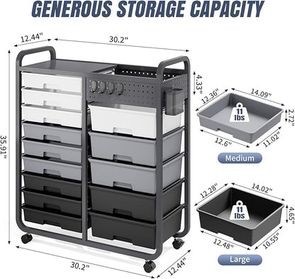 Rolling Storage Cart with Drawers, Storage Organizer Cart with Wheels and Wooden Tabletop,Utility Cart for Living Room, Classroom, Bedroom,Bathroom,Dorm,Office (Grey)