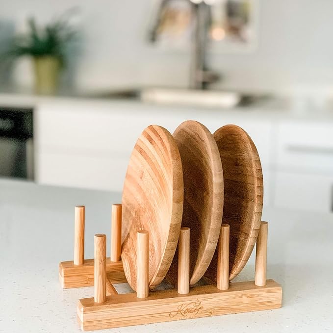 Pot Lid Organizer, Dish Drying Rack Dishware Holder 100% Natural Bamboo Drainer Stand - Wooden Finish- Holds Plates Bowls Mugs Cups Cutting Board (Natural Bamboo- Plate Holder (Set of2))