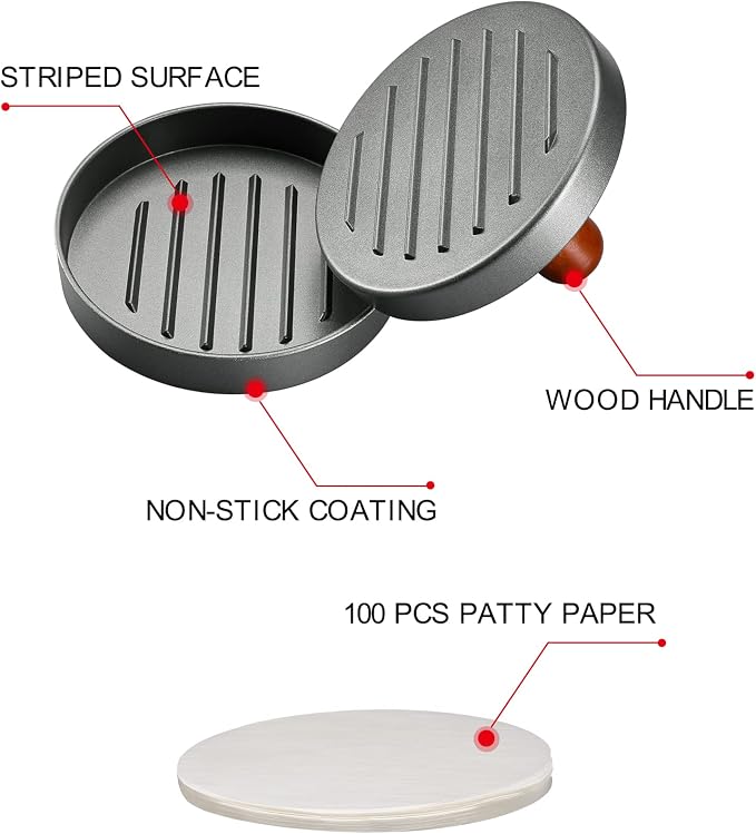 PIQUEBAR Burger Press Patty Maker Stainless Steel Hamburger Patty Press Mold Wood Handle Non-Stick with 100 Patty Papers