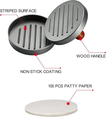 PIQUEBAR Burger Press Patty Maker Stainless Steel Hamburger Patty Press Mold Wood Handle Non-Stick with 100 Patty Papers