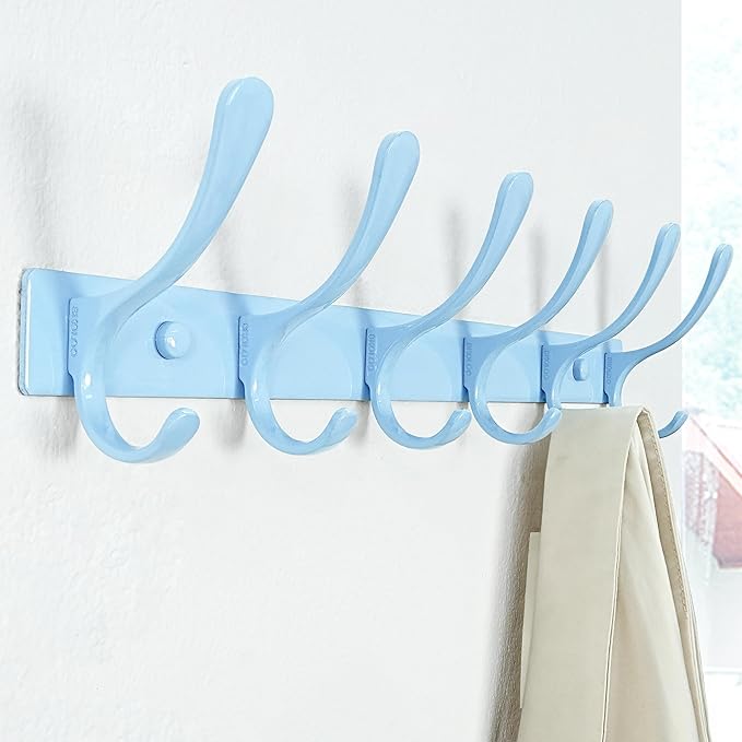SKOLOO Wall Mounted Coat Rack - 6 Hooks, Heavy Duty, Stainless Steel, Metal Wall Hangers, Sturdy Coat Hooks for Hanging Coats, Jacket, Clothes, Hat, Blue