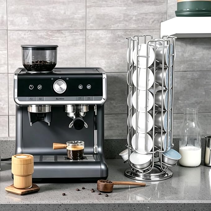 Rotating Coffee Pod Holder for Dolce Gusto Capsules,360° Spinning Coffee Capsule Carousel,48 Pod Capacity Metal Wire Storage Rack,Countertop Coffee Organizer Stand for Kitchen & Office (Silver)