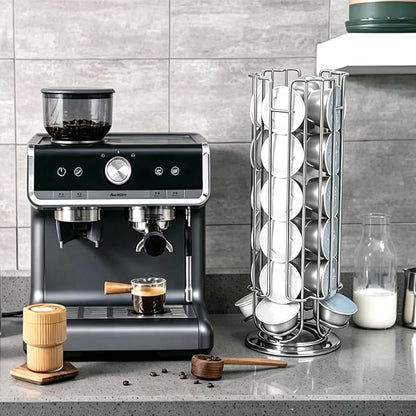 Rotating Coffee Pod Holder for Dolce Gusto Capsules,360° Spinning Coffee Capsule Carousel,48 Pod Capacity Metal Wire Storage Rack,Countertop Coffee Organizer Stand for Kitchen & Office (Silver)