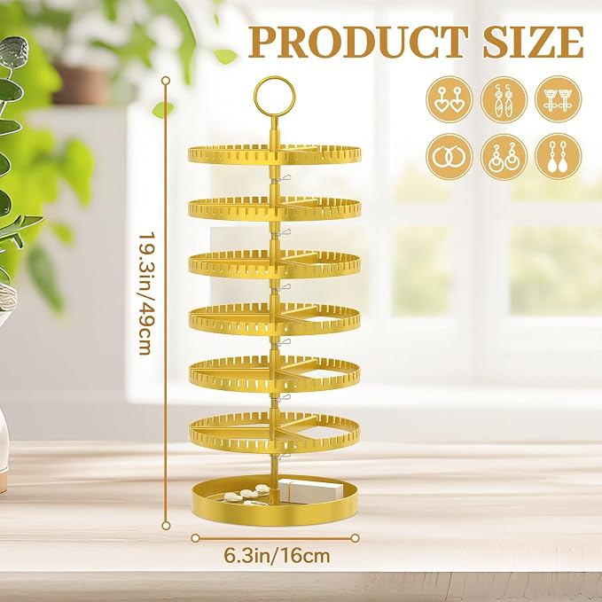 MODOWEY 6 Tier Rotating Earring Holder Organizer Display Tree with Metal Tray, Adjustable Plastic Stand with 342 Slots for Stud Hoop Hanger, Large Capacity Storage Rack for Women Space-Saving, Gold