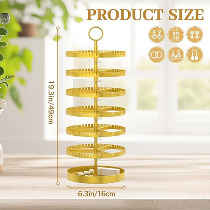 MODOWEY 6 Tier Rotating Earring Holder Organizer Display Tree with Metal Tray, Adjustable Plastic Stand with 342 Slots for Stud Hoop Hanger, Large Capacity Storage Rack for Women Space-Saving, Gold