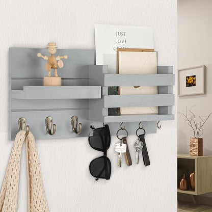 Lwenki Mail Organizer for Wall Mount – Key Holder with Shelf Includes Letter Holder and Hooks for Coats, Dog Leashes – Rustic Wood with Flush Mounting Hardware (16.5” x 8.7” x 3.5”) (Gray)
