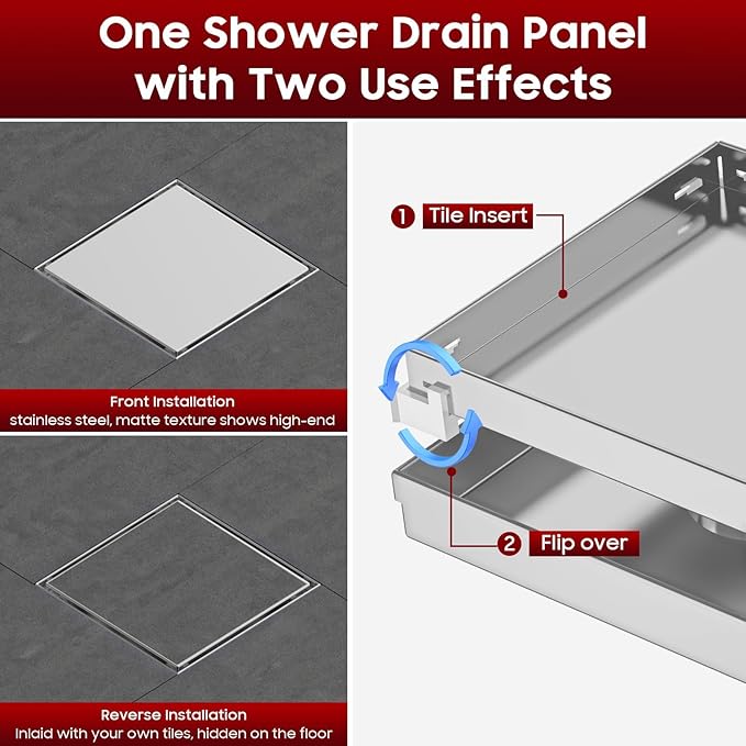 DLONE Square Shower Drain | 6 Inch AISI 304 Stainless Steel Shower Drain with Tile Insert Panel, Shower Floor Drain in Bathroom, Balcony etc (Brushed Nickel)