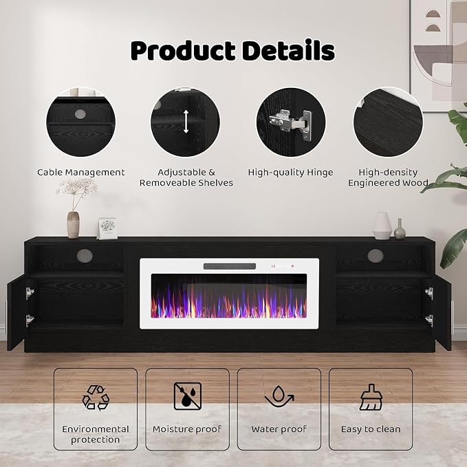LEMBERI 80 Inch Fireplace TV Stand for TVs up to 90", 36" White Electric Fireplace Entertainment Center with 20-Color LED, 300lbs Max Capacity Modern Wood Media Console Cabinet, Black
