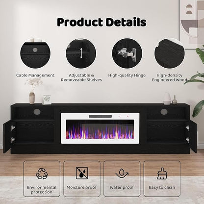 LEMBERI 80 Inch Fireplace TV Stand for TVs up to 90", 36" White Electric Fireplace Entertainment Center with 20-Color LED, 300lbs Max Capacity Modern Wood Media Console Cabinet, Black