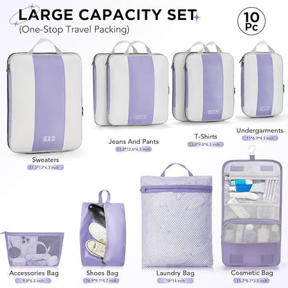 10 Set Compression Packing Cubes for Travel Essentials,Compressible Expandable Packing Cubes for Suitcase,OlarHike Luggage Garment Bags for Travel,Handy Helper for Organizing Clothes(Purple Gray)