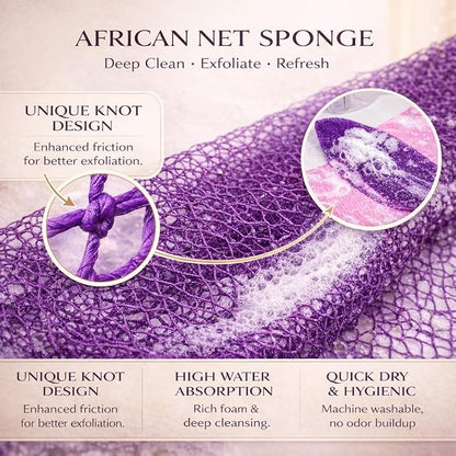 African Net Sponge Authentic, 6 Pieces African Exfoliating Net Sponge Body Back Scrubber Exfoliating Washcloth for Shower Bath for All Types (Black+Olive Green+Pink+Puple+Brown+Champagne Gold, 6 Pcs)