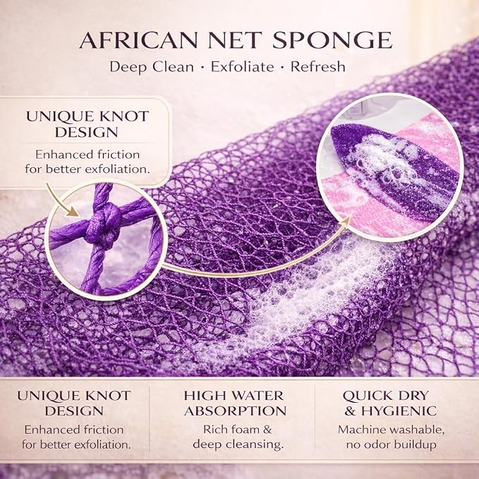 African Net Sponge Authentic, 3 Pieces African Exfoliating Net Sponge Body Back Scrubber Exfoliating Washcloth for Shower Bath for All Types Skin (Black+Pink+Blue, 3 Pcs)