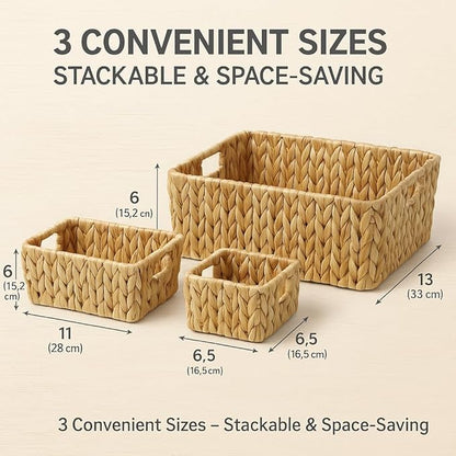 Natural Water Hyacinth Storage Baskets, 3-Piece Handwoven Nesting Organizer Set, Decorative Woven Containers for Bathroom, Kitchen, Living Room (Set 3 Tapered Baskets – No Lids)