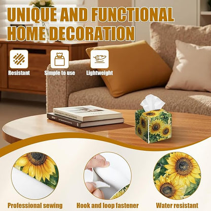 Watercolor Sunflower Tissue Box Cover 2PCS, Leather Tissue Box Holder Square Facial Paper Case Tissue Box Cube Organizer for Bathroom Bedroom Desk Office