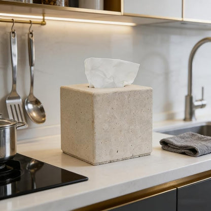 Travertine Tissue Box Cover, Heavy Duty Nature Stone Tissue Box Holder, Decorative Luxurious Travertine Square Toilet Tissue Box for Bathroom, Bedroom, Living Room, Office