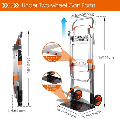 Zolpoyia 3 in 1 Folding Hand Truck Dolly Cart with Wheels, 660lbs Capacity Foldable Utility Cart Aluminum Trolley Cart Convertible Dolly for Moving Furniture Shopping for Garden Home Office Warehouse