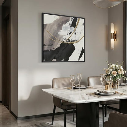 Framed Black White and Gold Abstract Wall Art, 1 Piece Square Modern Canvas Prints Artwork for Walls, Minimalist Abstract Picture for Bedroom Dining Room Lounge Living Room Office Wall Decor 24x24 In