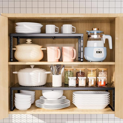 Cabinet Shelf,Expandable Adjustable Stackable Kitchen Organizer,for cabinets, Kitchens, countertops, bathrooms Shelf Organizer(3Packs/Black,Large)