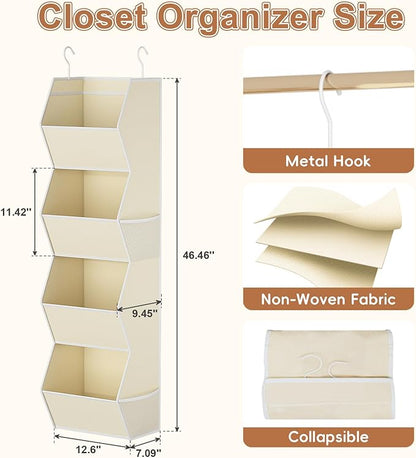 Hanging Closet Organizer 4 Shelf Collapsible Fabric Closet Organizers and Storage Hanging with Mesh Pocket for Clothes, Hanging Wardrobe Organizers and Storage for Sweater T-Shirt Shoes Toys, Beige