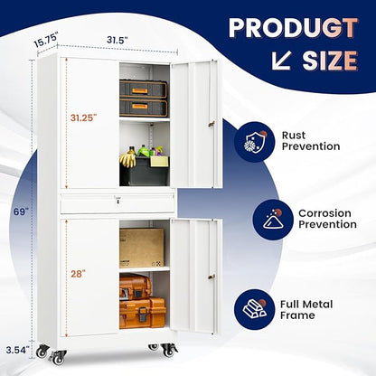 Yizosh Metal Garage Storage Cabinet with Locking Doors and Adjustable Shelves, 73" Rolling Tool Storage Cabinet with 4 Wheels and 1 Drawer for Garage,Warehouse