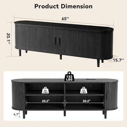 65" Mid Century Modern TV Stand with Power Outlet, Fluted Entertainment Center with Storage and Adjustable Shelves, Wood TV Console with Sliding Doors for Living Room, Black