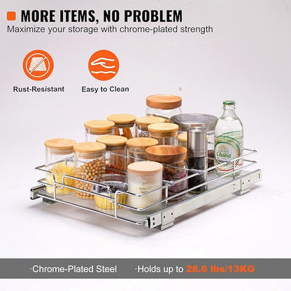 VEVOR 12.5"Wx16.5"Dx3.5"H Pull Out Cabinet Organizer, Heavy Duty Slide Out Pantry Shelves, Chrome-Plated Steel Roll Out Drawers Storage, for Home, Under Sink, 14"Wx17.5"Dx7"H Install Size for Cabinet