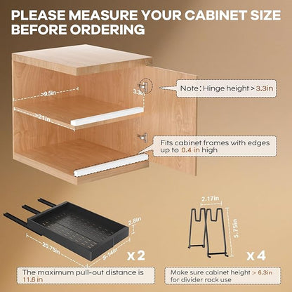 Seinloes 2 Pack Pull out Cabinet Organizer 21" Deep With Raising Pad for Framed Cabinets, Expandable (9"-14" W) Slide out Drawers for Kitchen Cabinets with 4pcs Divider Racks, Roll out Shelves, Black