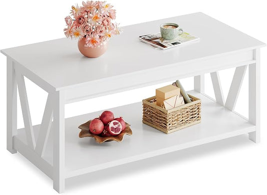 WLIVE Coffee Table with Storage Shelf, 39.4" Farmhouse Coffee Table with V-Frame Support, 2-Tier Wood Rustic Center Table for Living Room, Bedroom & Balcony, All White