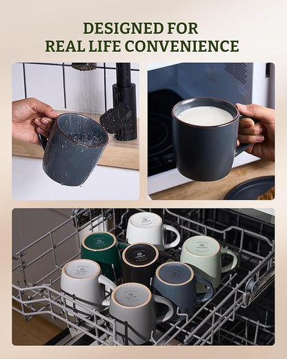 famiware Mercury Coffee Mugs 13 oz, Coffee Mugs Set of 6 with Handle, Cups for Latte, Hot Tea, Cappuccino, Mocha, Cocoa, Charcoal