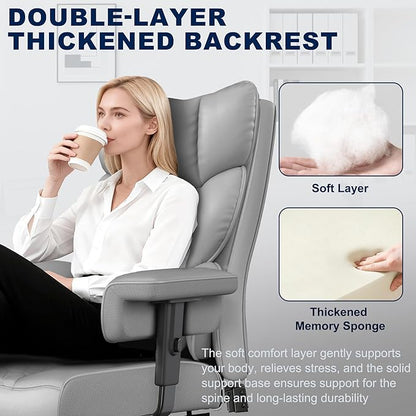 Misolant Big and Tall Office Chair with Footrest, High Back Executive Desk Chair with Adjustable Lift Armrest, 155°Recline，Lumbar Support Pillow, Faux Leather Gaming Chairs for Home or Office Gray
