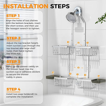 REINHARDT Aluminum Shower Caddy Hanging Adjustable Shower Caddy, Rustproof Hanging Shower Organizer with Hooks Soap Holders, Over Shower Head Caddy for Handheld Showerhead, Silver