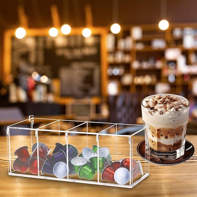QWORK Coffee Capsule Holder Acrylic Box, Clear 4 Compartment Coffee Pod Storage Organizer with Lid, 11.73" x 5.12" x 4.72"