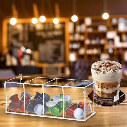 QWORK Coffee Capsule Holder Acrylic Box, Clear 4 Compartment Coffee Pod Storage Organizer with Lid, 11.73" x 5.12" x 4.72"