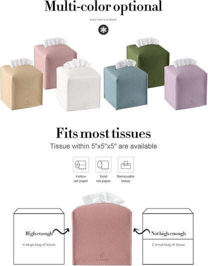 Tissue Box Cover, Jeethemy Square PU Leather Tissue Box Holder, Modern Tissue Case Facial Paper Organizer Dispenser，5X5X5'',Double Pink