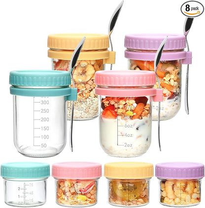 4 Pack Overnight Oats Containers with Lids and Spoons，16 Oz Glass Mason Jars for Overnight Oats Jars, Leak Proof oatmeal Container Meal Prep Jar for Cereal Salad Milk Yogurt Vegetable