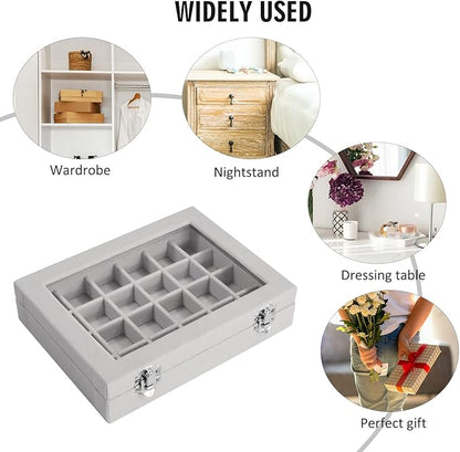 Vicoter Velvet Jewelry Box 24 Grid Jewelry Ring Display Organiser Box Tray Holder Earrings Storage Case for Girls Wife Mom Women (Gray)