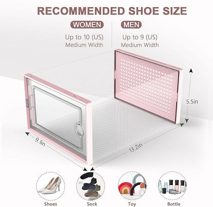 Kuject Shoe Organizers Storage Boxes for Closet, 12 Pack Clear Plastic Stackable Storage Bins with Lids, Under Bed Shoe Containers for Entryway, Drop Front, Fit up to Women's Size 10,Pink | Shoe organizers for closet & entryway, under-bed,Drop-front de...
