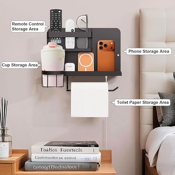 Bcareself Bedside Wall Organizer, Floating Bedside Shelf Wall Mount, Dorm Room Essentials, Remote Control Holder, Dorm Decor Organization and Storage Cool Teen Girls Trendy Stuff (Black)