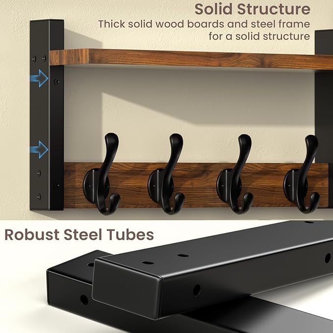 29'' Rustic Coat Rack Wall Mount with Shelf, Solid Wood Coat and Key Hanger with 11 Metal Hooks, Farmhouse Wall Organizer for Mail, Entryway Wall Hangers for Hats, Clothes, Backpacks, Mudroom