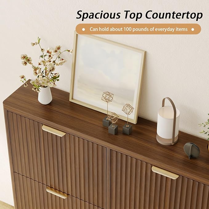 Shoe Storage Cabinet for Entryway with 4 Flip Drawers, 47.2" Large Modern Freestanding Shoe Organizer with Fluted Doors & Hidden Shoe Rack - Slim Enclosed Shoe Rack for Hallway (Walnut)