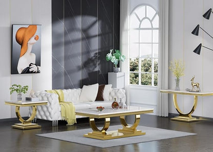 2 Piece Living Room Table Set Include 1 Faux Marble Coffee Table & 1 End Table, Modern White Gold Coffee Table Set of 2 with Double O Shape Stainless Steel Pedestal Base